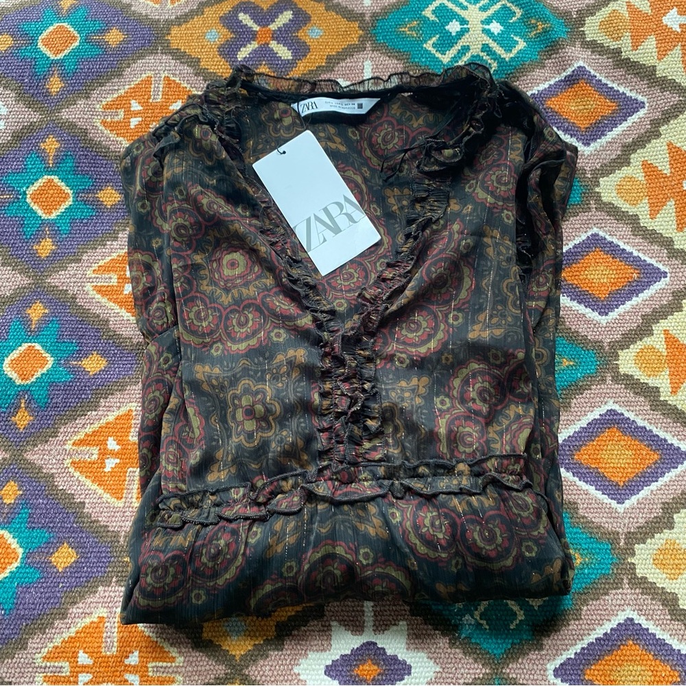 Zara Women's Floral Brown Dress Size Large Brand New